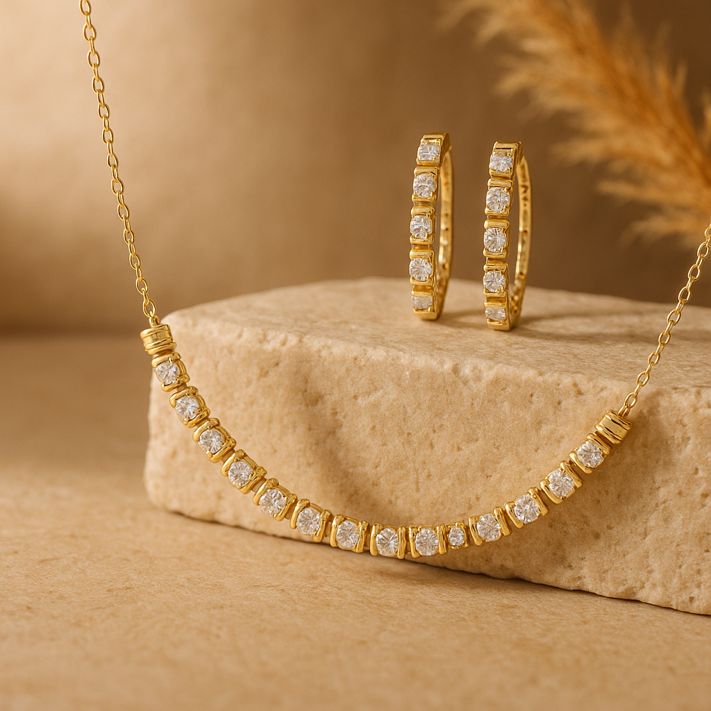 18K Yellow Gold Over Sterling Silver 0.41 CTW Diamond Earrings and Necklace Designer Set