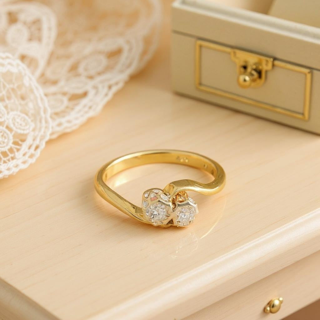 18K yellow gold ring with two white stones in open-band design size 7.5