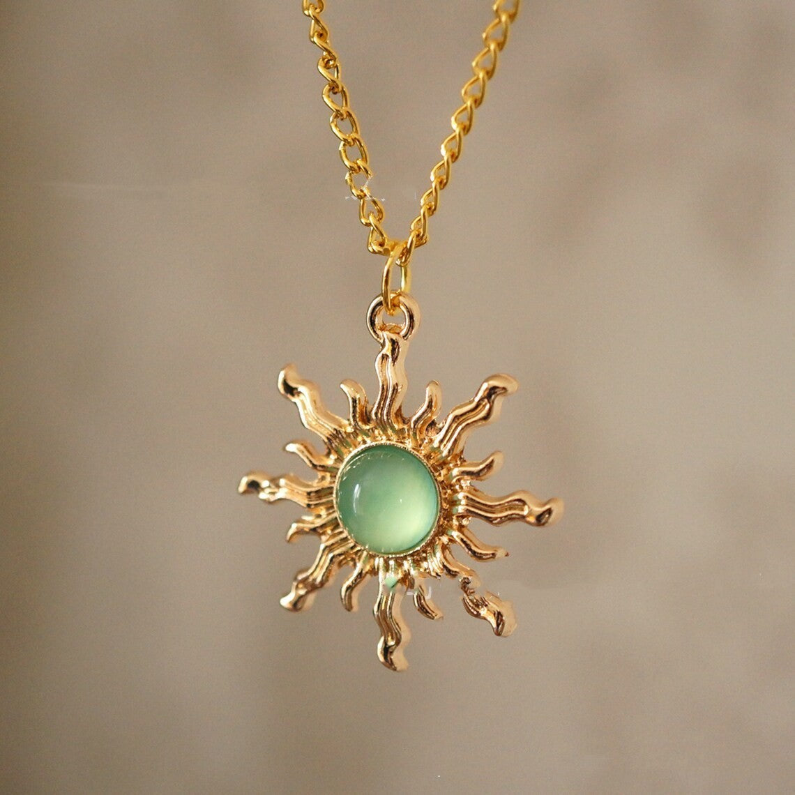 Gothic Cold Gold And Light Green Sun Necklace