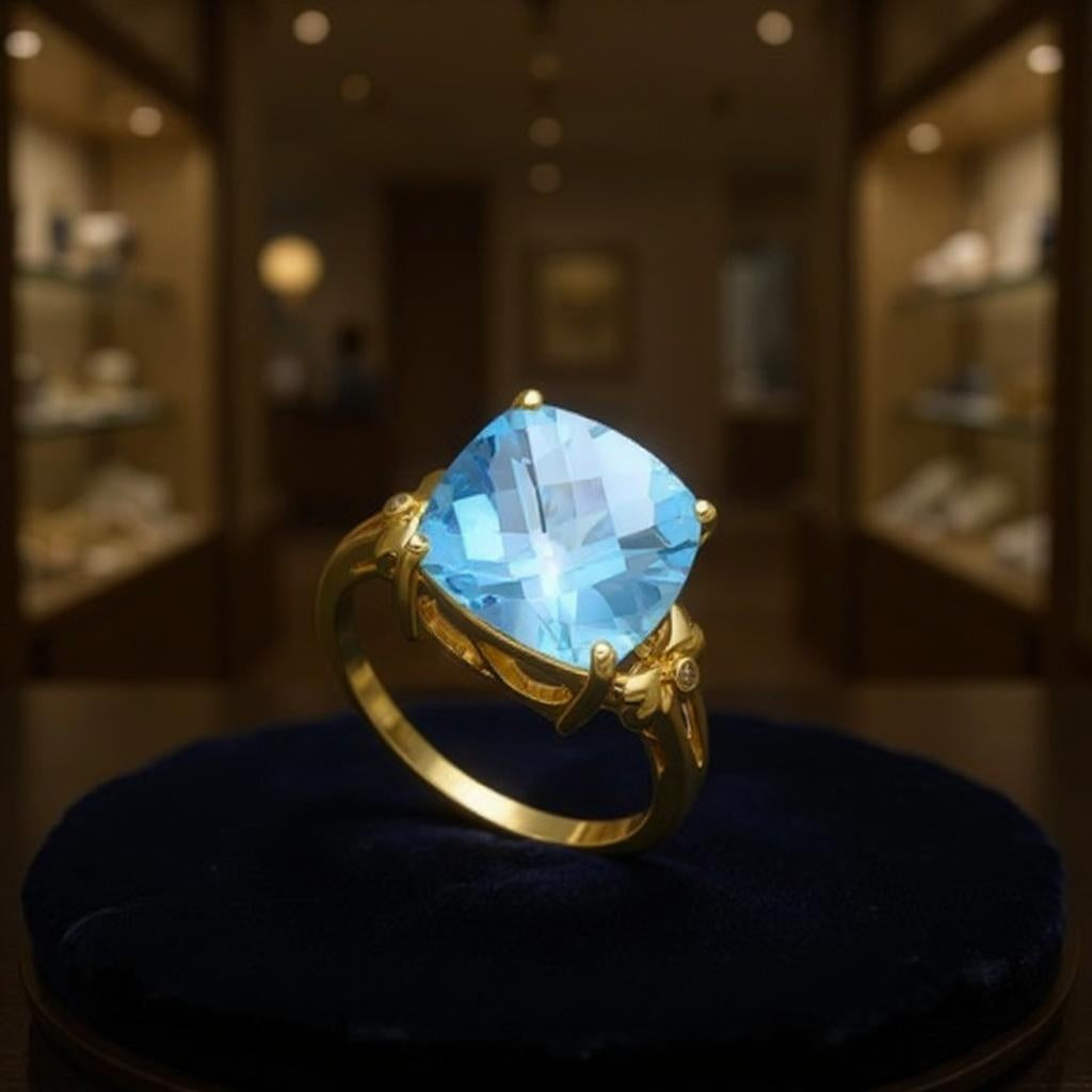 10K Solid Yellow Gold Womens Rings with Blue Diamond