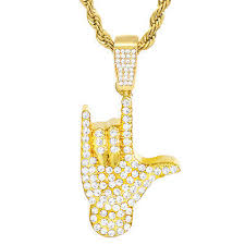 Stylish Mens Yellow Gold Plated - Iced Out I Love You Handmoji - 24 Inch Designer Necklace