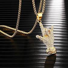 Stylish Mens Yellow Gold Plated - Iced Out I Love You Handmoji - 24 Inch Designer Necklace