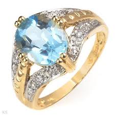 Stunning Womens 14K Yellow Gold Plated Sterling Silver 24 Diamond and 5ctw Blue Topaz Size 7 Ring