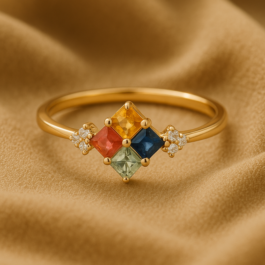 18K yellow gold ring with four colorful square gemstones and small diamond accents on a smooth band, size 8