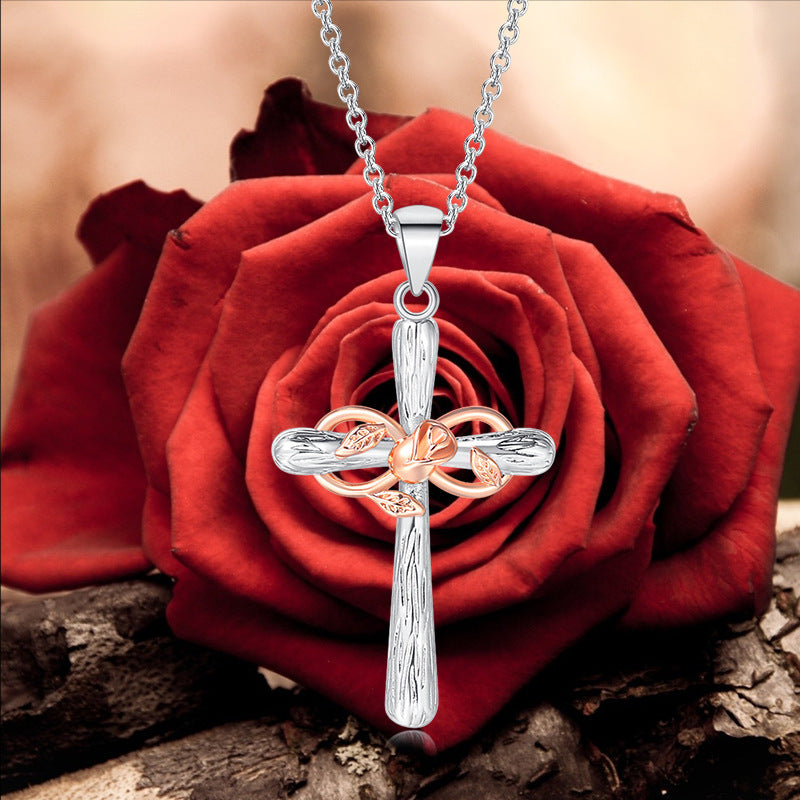 Faith Cross Rose Gold Flower Lucky 8 Charm Pendant Necklace