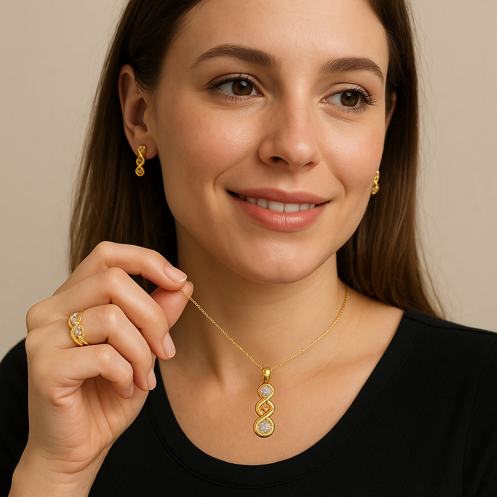 14K Yellow Gold-Plated necklace, earrings, and ring with 1/10 CTW diamonds