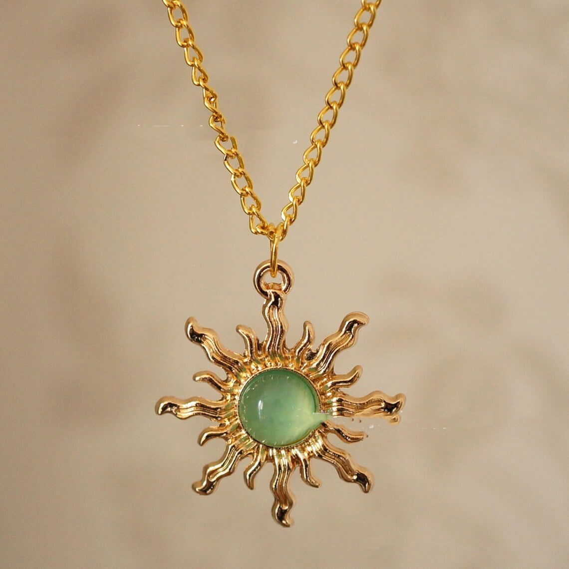 Gothic Cold Gold And Light Green Sun Necklace