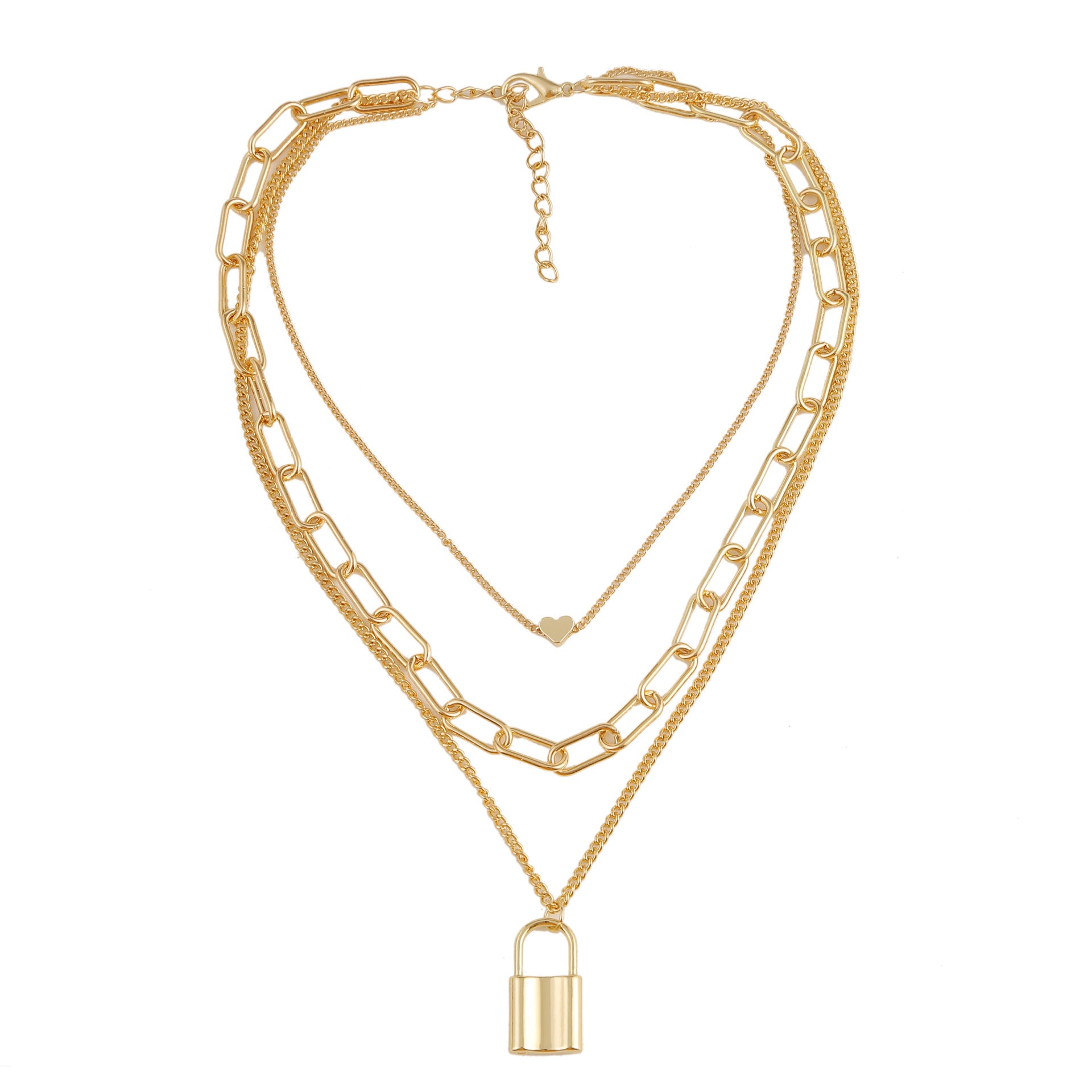 Bohemian Multilayer Necklace Double Gold Lock Heart Necklace