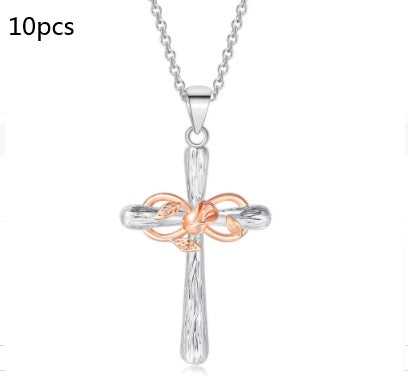 Faith Cross Rose Gold Flower Lucky 8 Charm Pendant Necklace