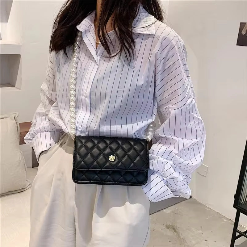 Diamond Grid Pearl Chain Cross-body Bag