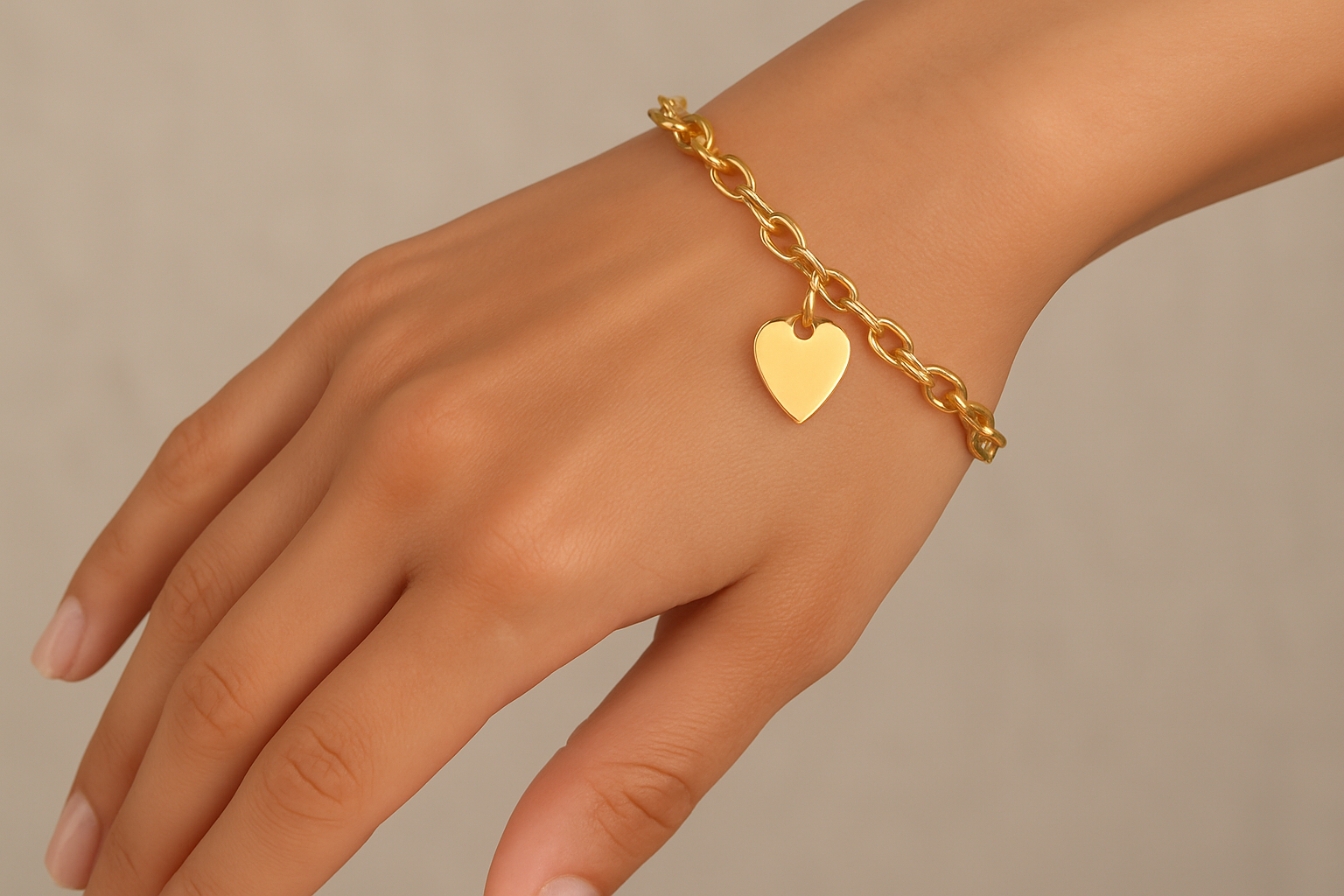 Generated image of a hand wearing the Yellow Gold Dangle Heart Link Bracelet