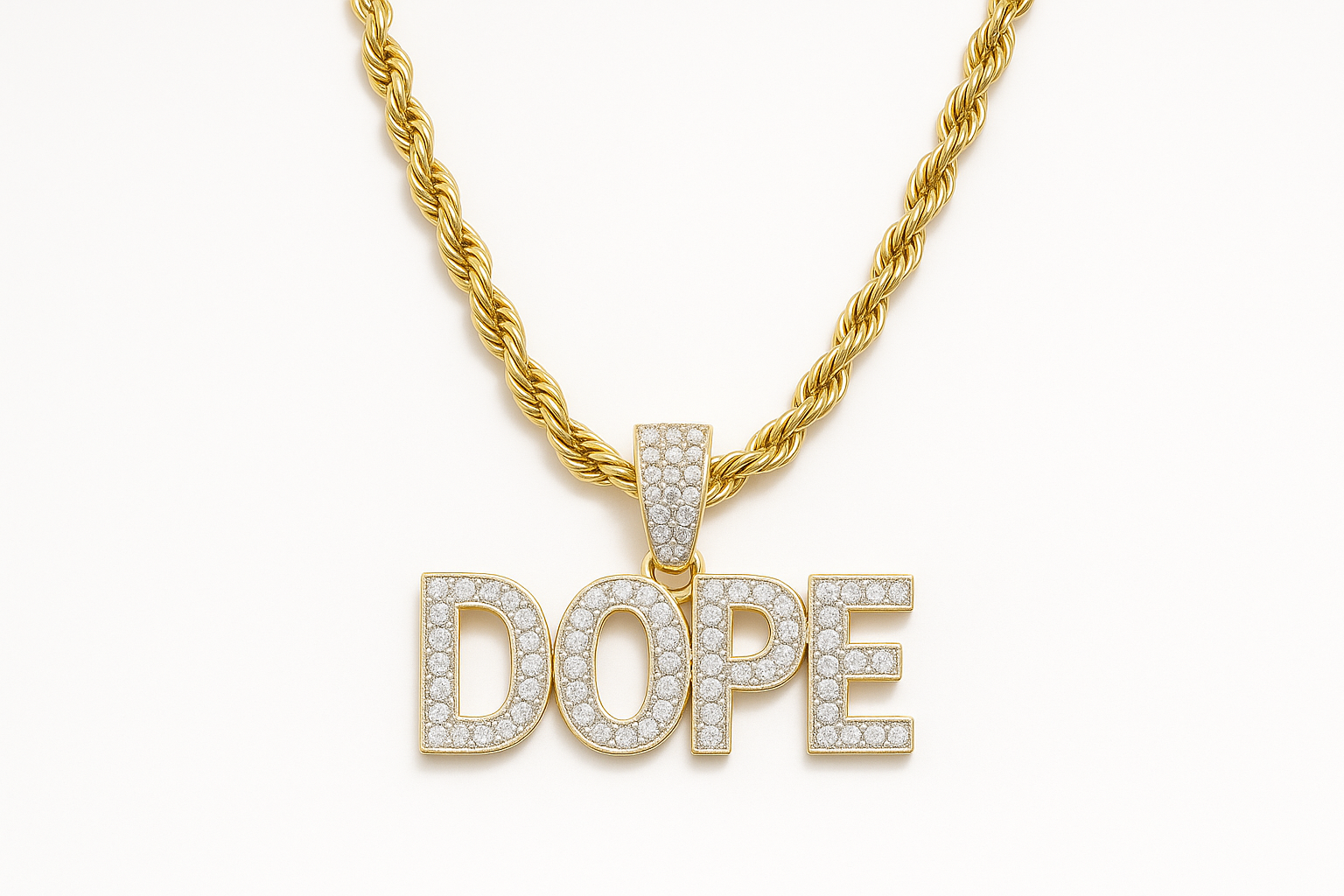 Generated image of DOPE necklace with white decorations and white background