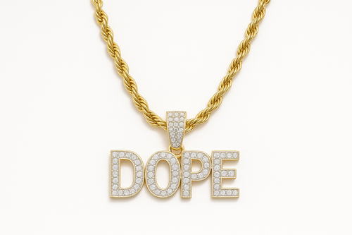 Generated image of DOPE necklace with white decorations and white background