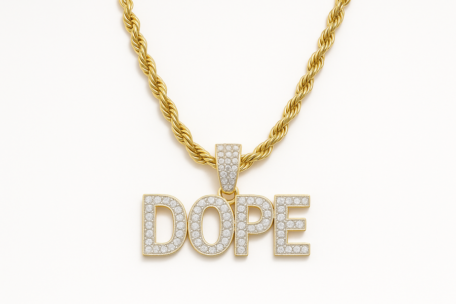 Generated image of DOPE necklace with white decorations and white background