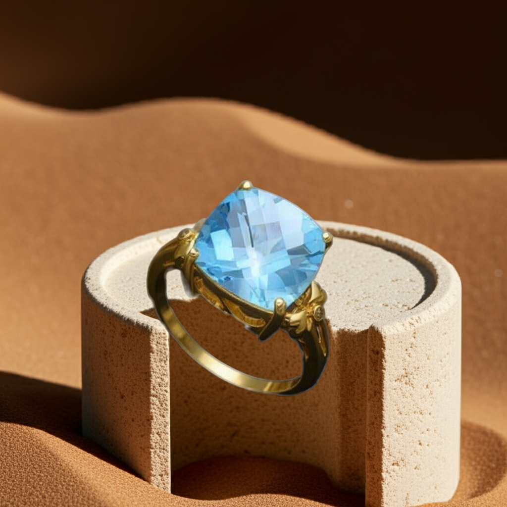 10K Solid Yellow Gold Womens Rings with Blue Diamond