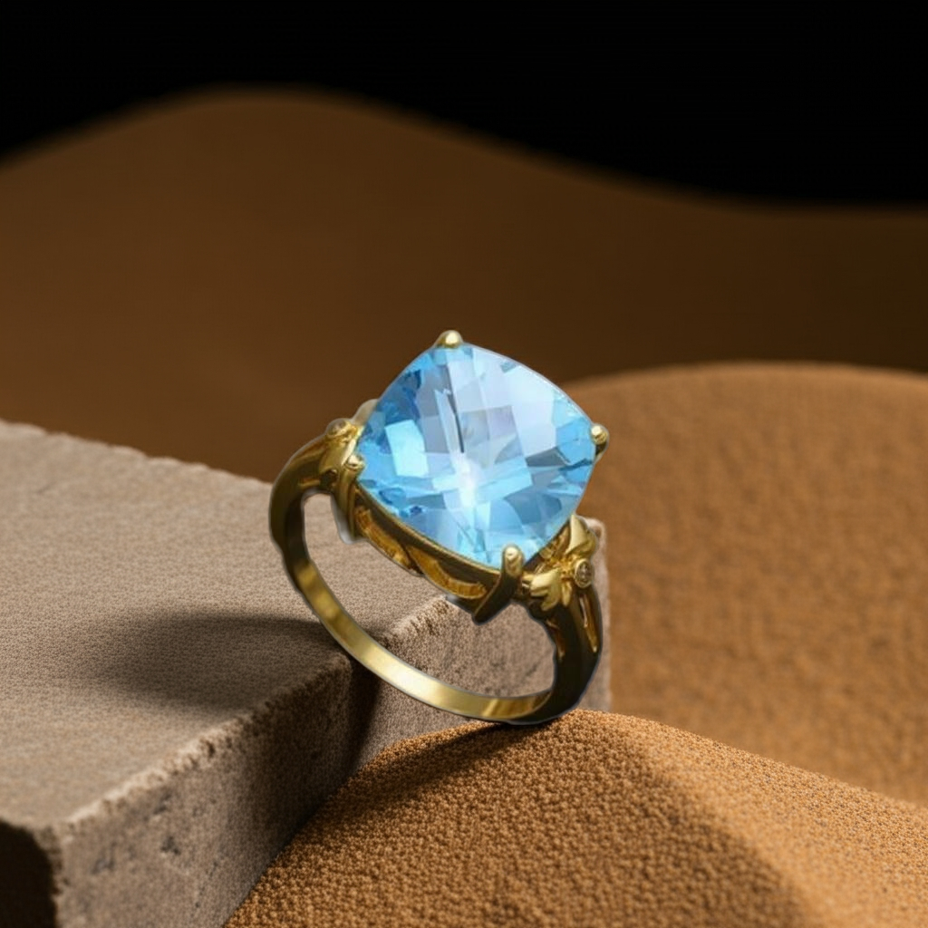 10K Solid Yellow Gold Womens Rings with Blue Diamond