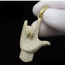 Stylish Mens Yellow Gold Plated - Iced Out I Love You Handmoji - 24 Inch Designer Necklace