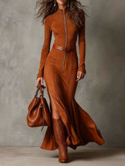 Vintage Brown Zipper Belted Maxi Dress