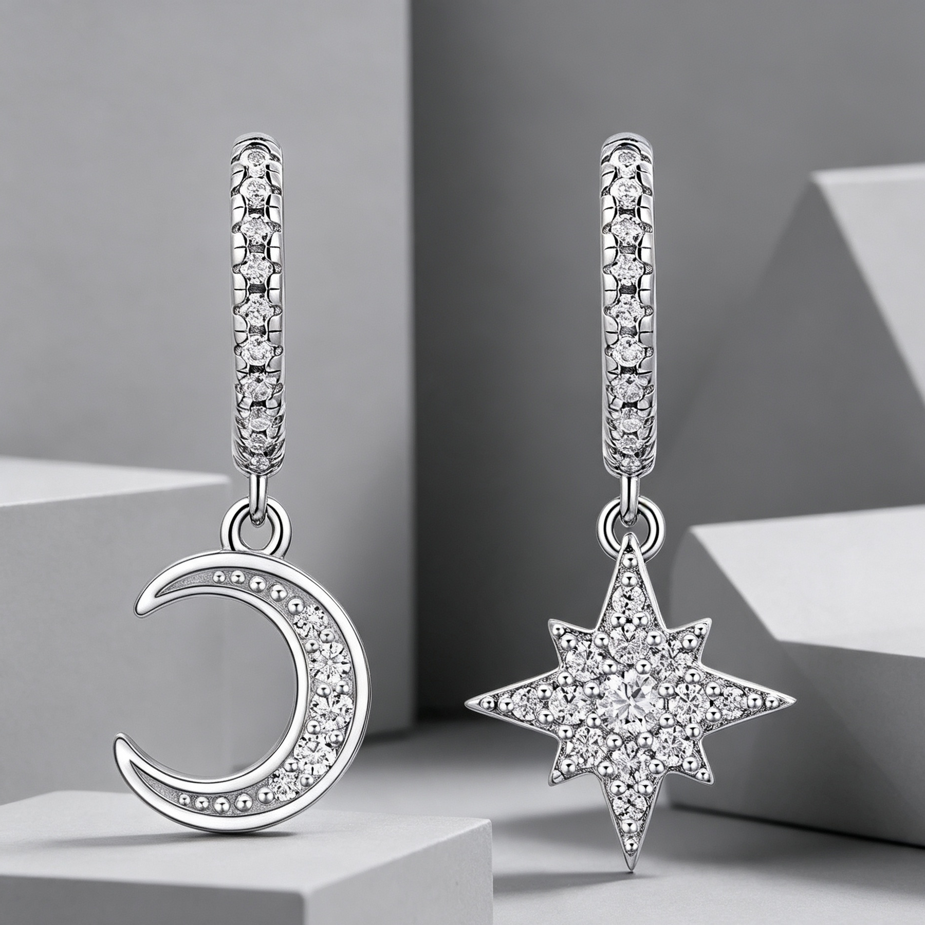 Star And Moon Interdependent - Fashionable Earrings And Stud Jewelry Set With Moissanite S925 Sterling Silver And Platinum-plated Diamonds