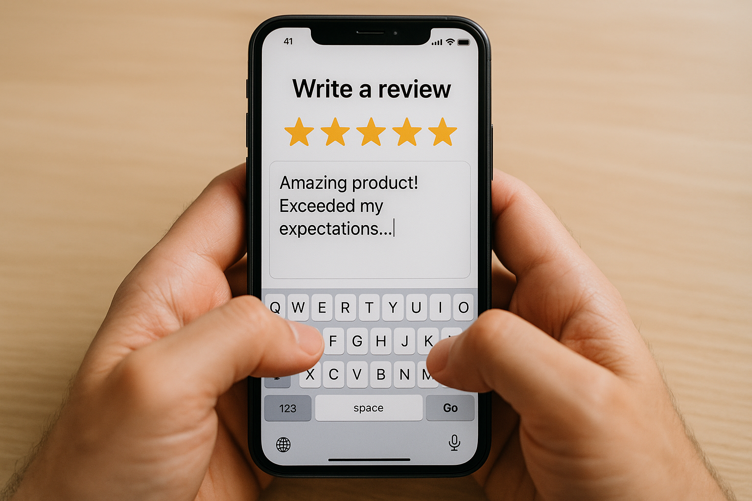 put the POV on phone like she is typing a review